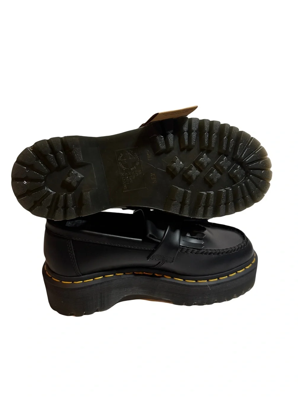Dr. Martens Black Tassel Platform Loafers with Yellow Stitching